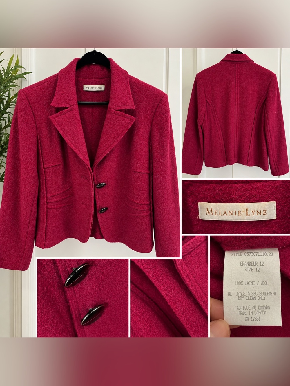 Melanie Lyne 100% Wool Fuchsia Blazer – Size 12 – Made in Canada